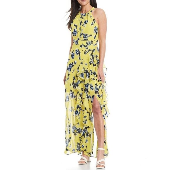 NWT Eliza J Floral Ruffle Maxi Dress in Limoncello - Picture 1 of 5